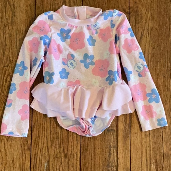 Disney Minnie Mouse pink sparkly floral long sleeve ruffled one piece swimsuit - Picture 13 of 16